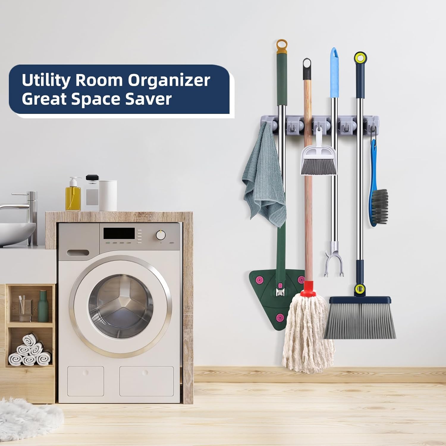 Skiennix Wall-Mounted Mop And Broom Holder - Space-Saving Organizer For Closet & Garage Storage