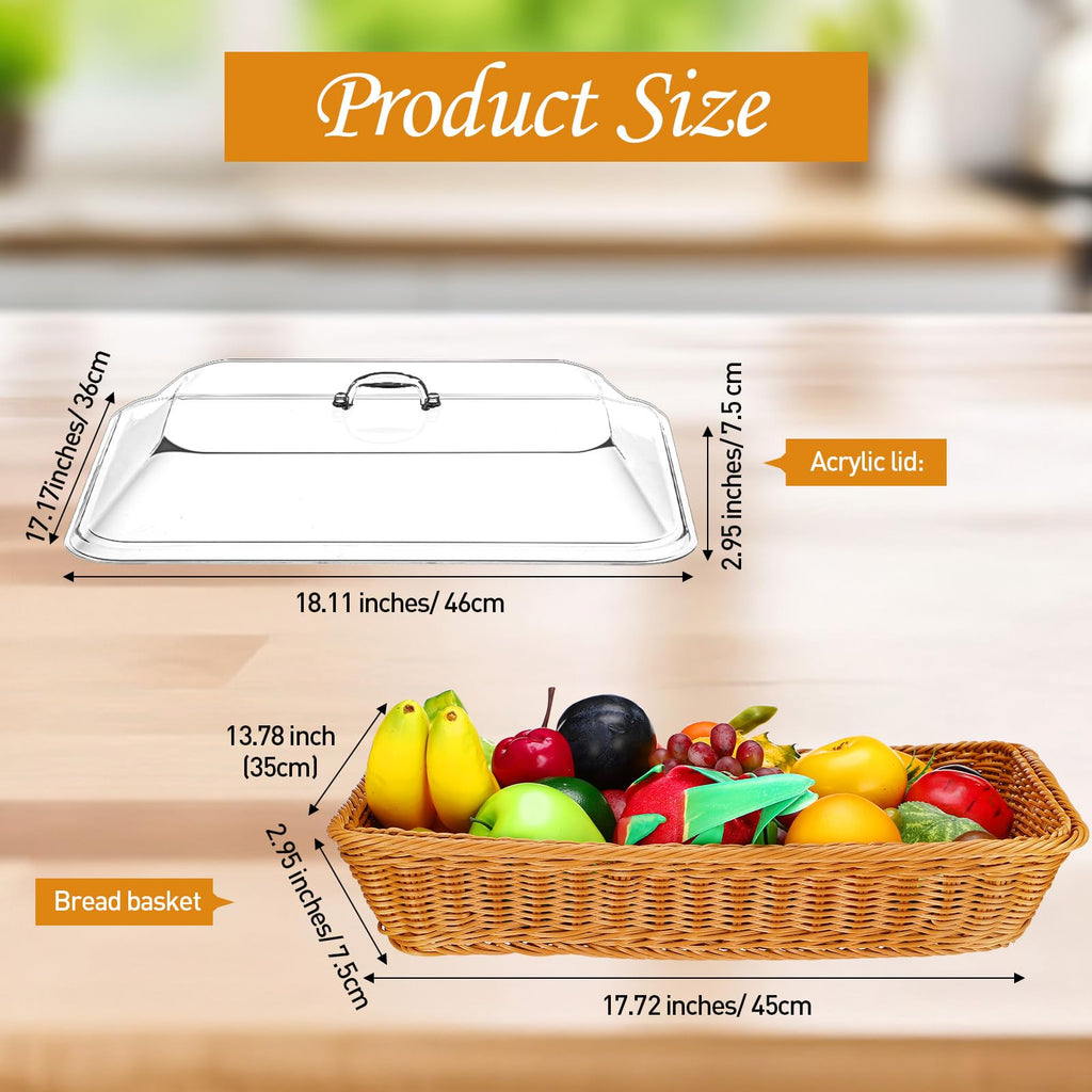 Mumufy 2 Pack Wicker Large Bread Basket with Acrylic Lid Housewarming Gift Woven Rectangular Imitation Rattan Fruit Basket with Cover for Serving Food Display Tabletop Home Kitchen(17.72x13.78'')