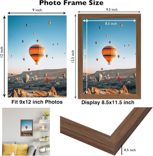JCJMY 9x12 Picture Frame - Brown Wall Mount for Horizontal or Vertical Display | Shatter-Resistant Plexiglass