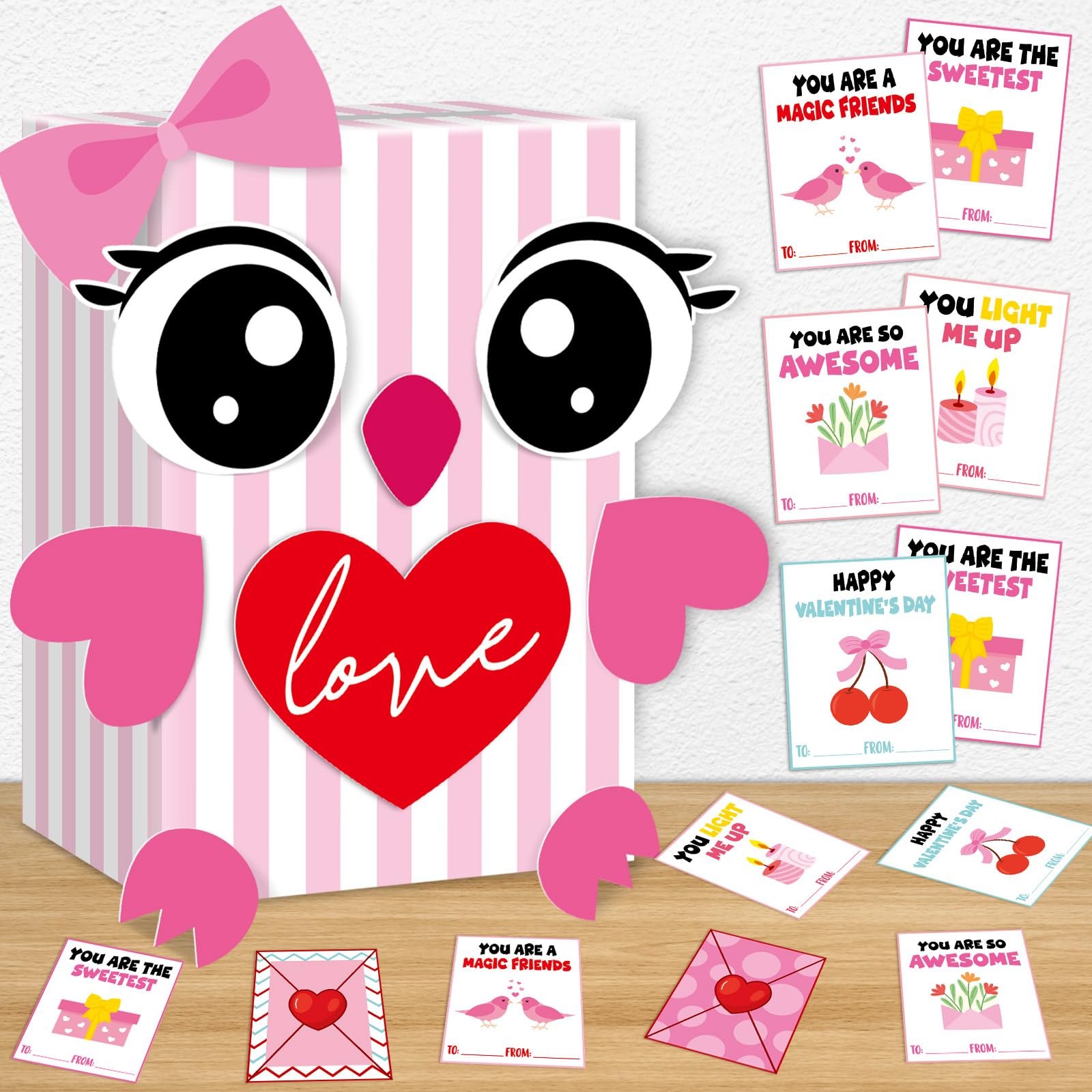 ojustbeok Large Valentine's Day Card Box for Kids with 50 Valentine Cards DIY Heart Owl Valentines Day Mailbox Cards Set for Girls Boys School Classroom Exchange Valentines Party Favors Supplies