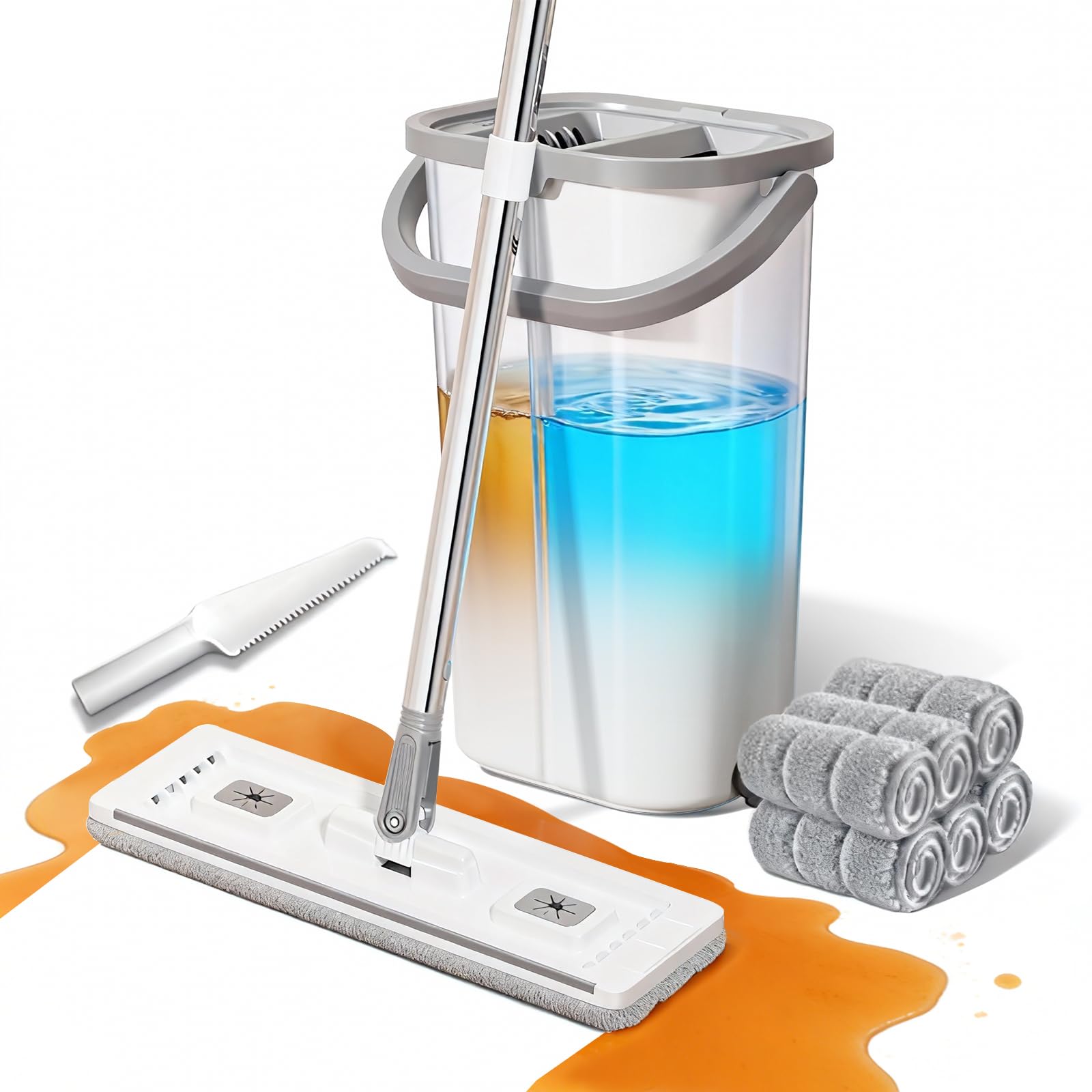 ZJSYJJ Mop and Bucket Set: 360° Flat Squeeze Mop with Long Handle & Wringer Bucket, 6 Washable Microfiber Pads for Kitchen, Bathroom, Wall Cleaning, Wet Dry Use, Lovely Gift for Women