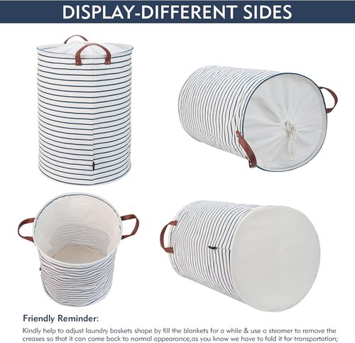 DOKEHOM 20-Inch Freestanding Laundry Basket - Collapsible Drawstring Hamper with Lid & Handle | Blue Stripe, Large
