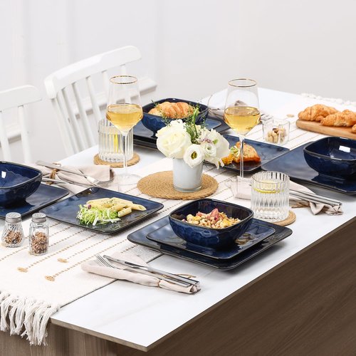 vicrays Ceramic Square 12 Pieces Dinnerware Set - Dinner Plates Salad Plates Cereal Bowls Set Service for 4 - Scratch Resistant Microwave Oven Dishwasher Safe - Blue