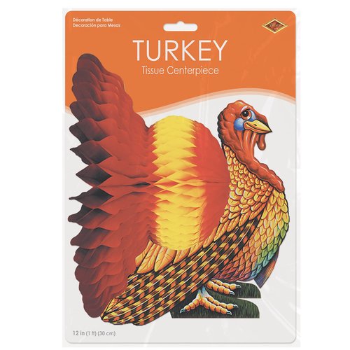 Beistle Tissue and Paper Turkey Centerpiece for Thanksgiving Decorations-Autumn Fall Harvest Home Décor, 12", Brown/Red/Orange/Yellow