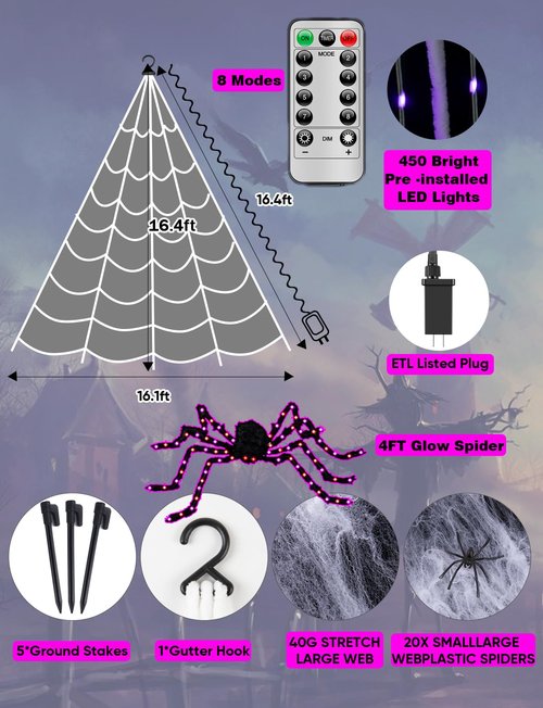 LCHUANG Spider Webs Halloween Decor Lights - 450 LEDs Outdoor Halloween String Lights with 60" Light Up Spider,8 Modes Remote Control 16.4Ft Spiderweb,Waterproof (New Orange-Purple Grid Luminous Net)