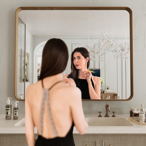 LOAAO Bathroom Mirror - 40x32 Inch Rounded Rectangle with Wood Grain Metal Frame | Anti-Rust, Versatile Hanging Options