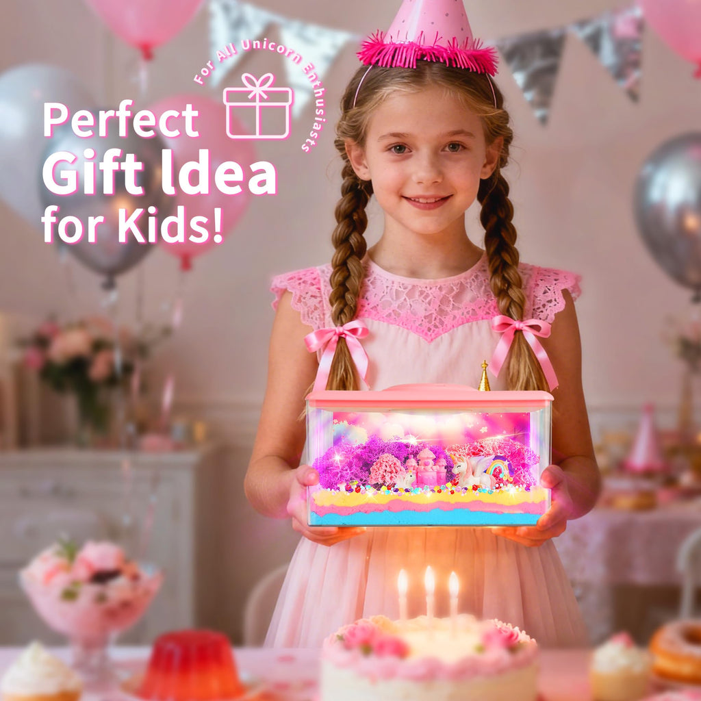 Unicorn Light-Up Terrarium Kit Toys for Kids - Not Fragile - LED Night Light Birthday Gift for Girls Ages 4 5 6 7 8-12 Year Old - DIY Arts and Crafts Kit, with Music, Stickers, Background