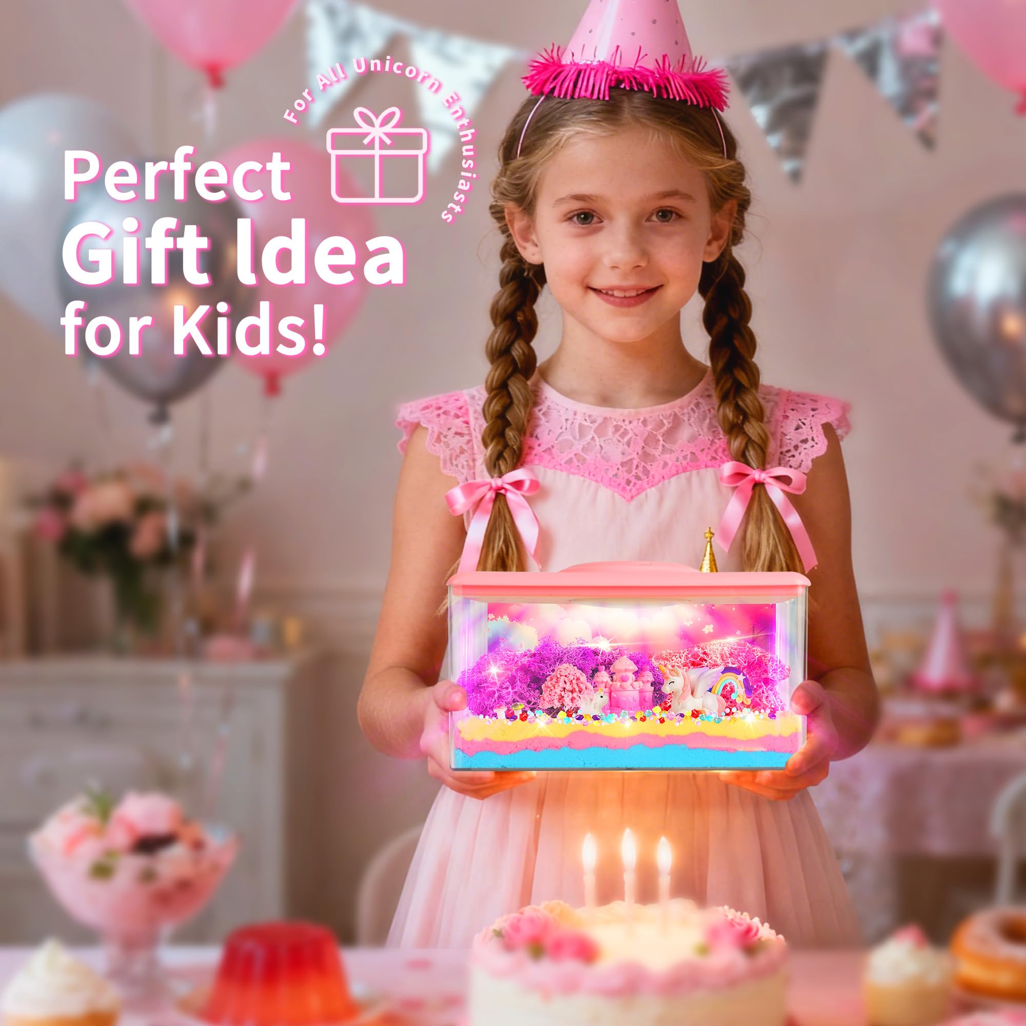 Unicorn Light-Up Terrarium Kit Toys for Kids - Not Fragile - LED Night Light Birthday Gift for Girls Ages 4 5 6 7 8-12 Year Old - DIY Arts and Crafts Kit, with Music, Stickers, Background