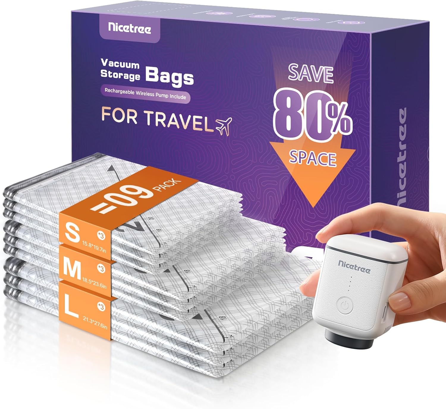 Nicetree Vacuum Storage Bags - 9-Pack with Rechargeable Wireless Pump | 3 Sizes (20/24/28 Inch) for Clothing & Bedding