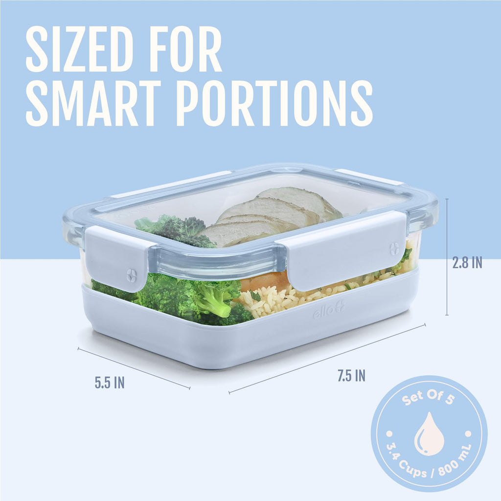 Ello Duraglass 3.4 Cup Meal Prep Sets 10Pc, 5 Pack Set- Glass Food Storage Container with Silicone Boot and Airtight BPA-Free Plastic Lids, Dishwasher, Microwave, and Freezer Safe, Halogen Blue