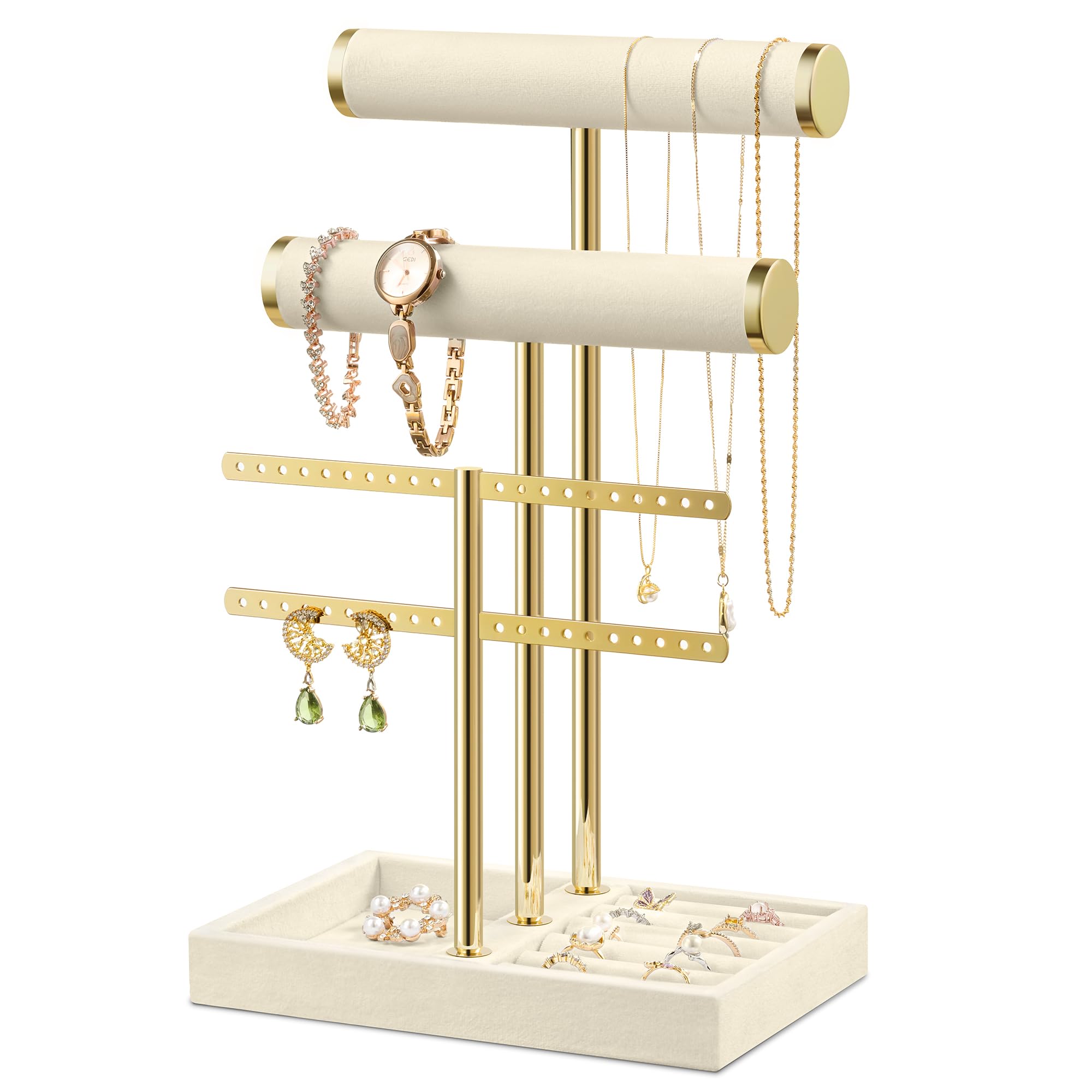 Josmimic Bracelet Holder Jewelry Organizer Display - 3 Tier T Bar Velvet Stand, Beige Jewelry Storage for Bracelet, Necklaces, Earrings, Rings, Watches