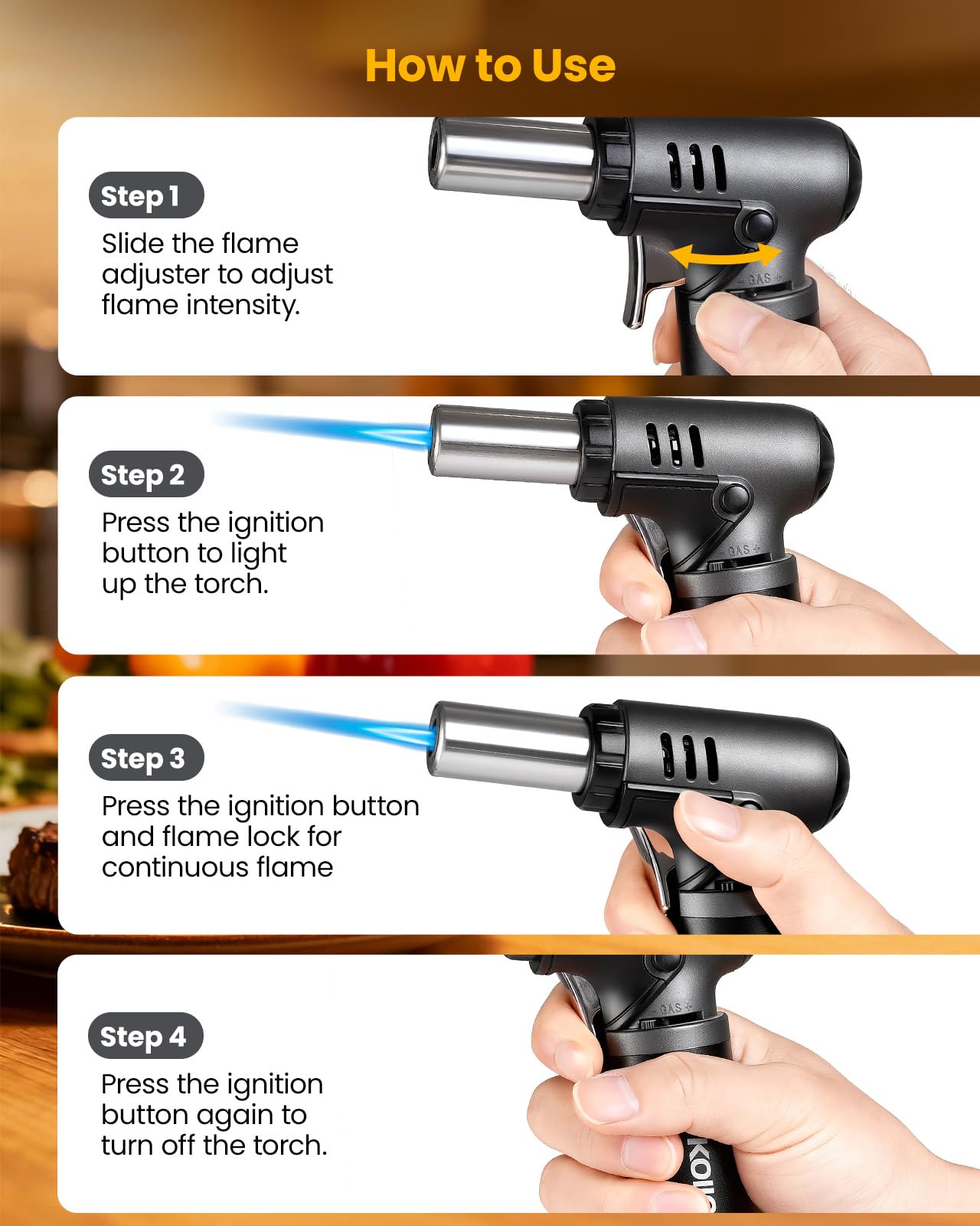 Kollea Butane Torch with Fuel Gauge T907, One-hand Operation Culinary Blow Torch Lighter with Safety Lock & Adjustable Flame for Cooking, Baking, Creme Brulee, Food Desserts (Butane Gas Not Included)