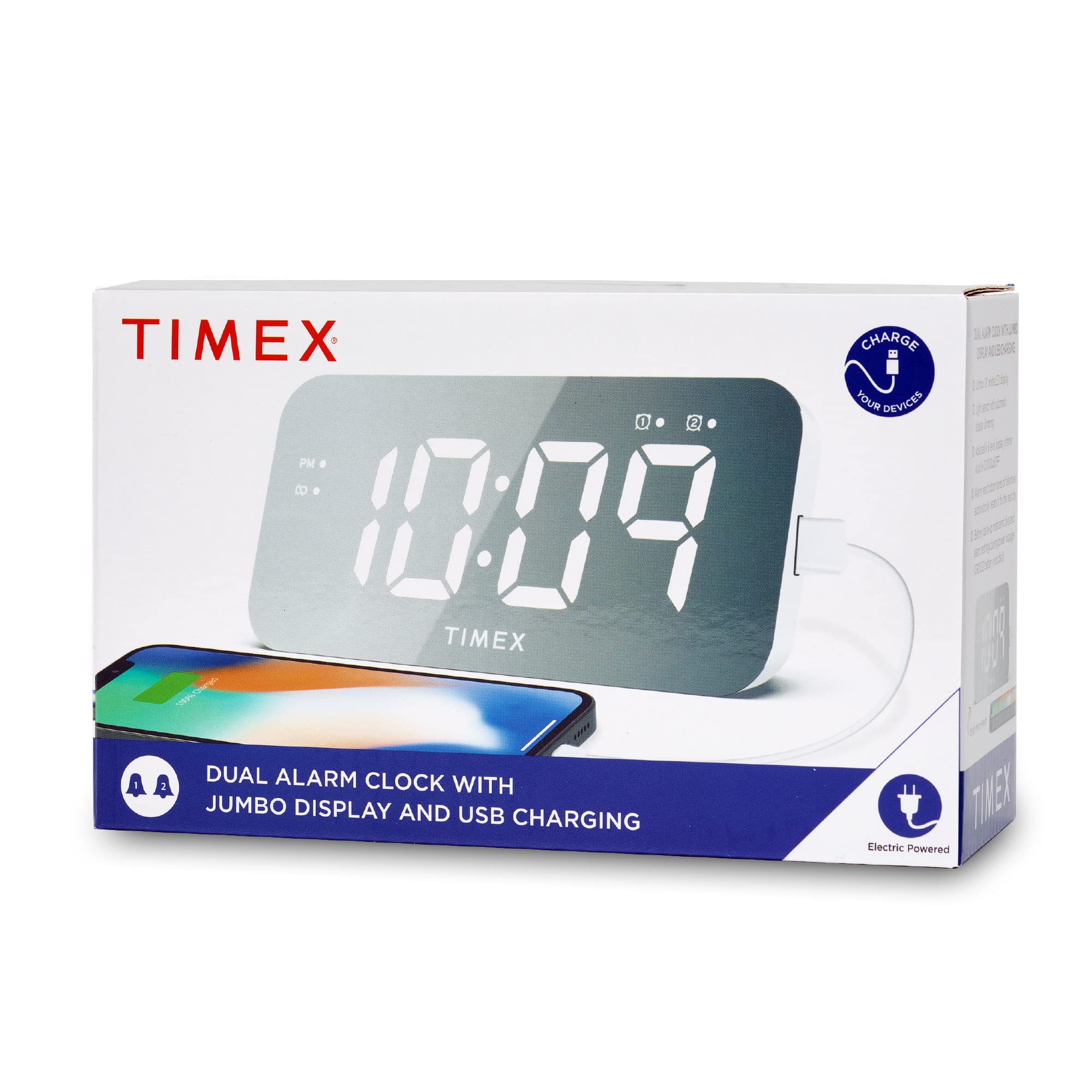 Timex Alarm Clock with USB Charger (5W) and Large Display, Digital Alarm Clock for Bedroom Includes 100-240V Universal Power Adapter (T1320)