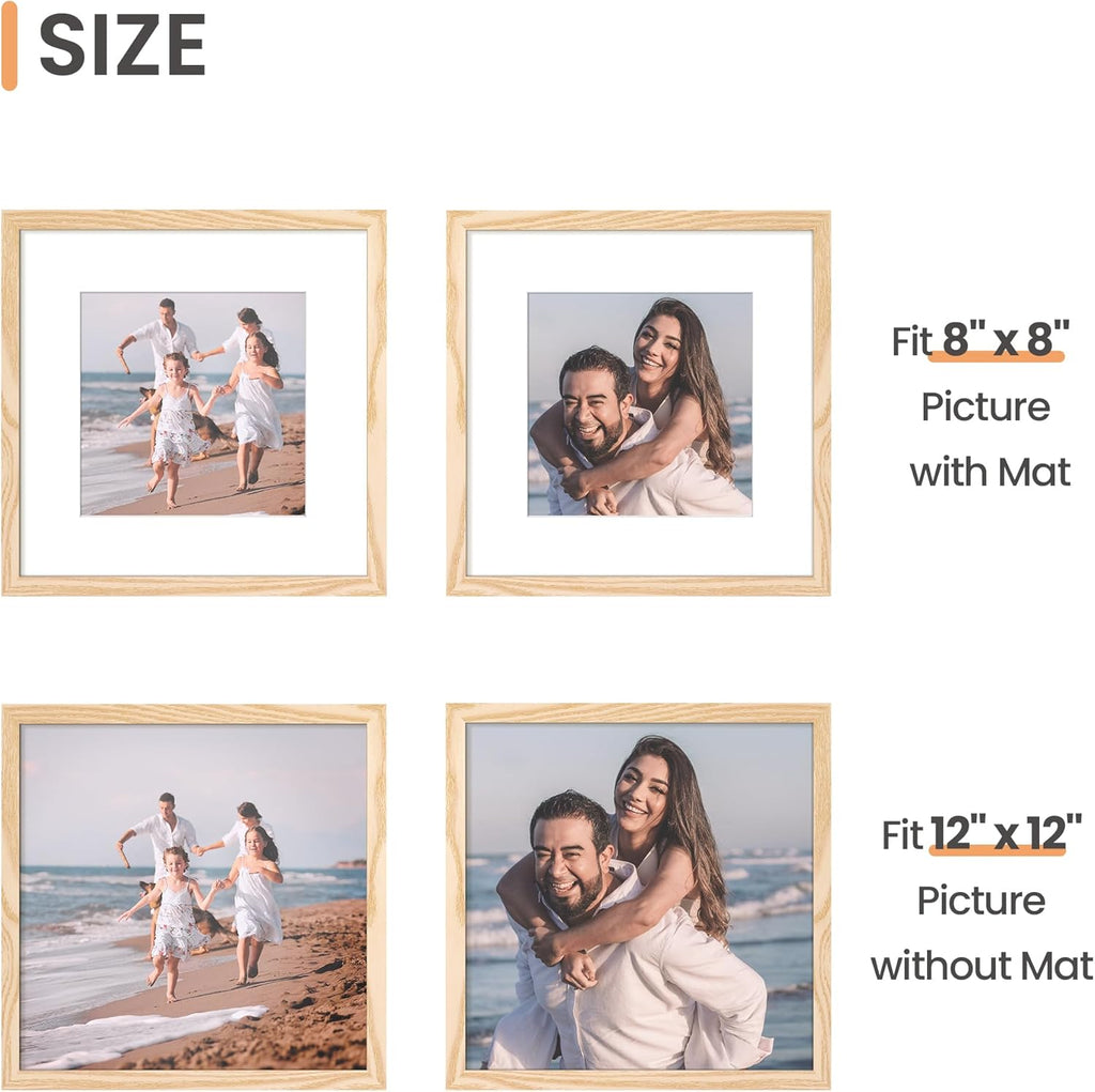 Upsimples 12x12 Picture Frame - Display 8x8 Photos with Mat or 12x12 Without | Natural Finish, 1 Pack