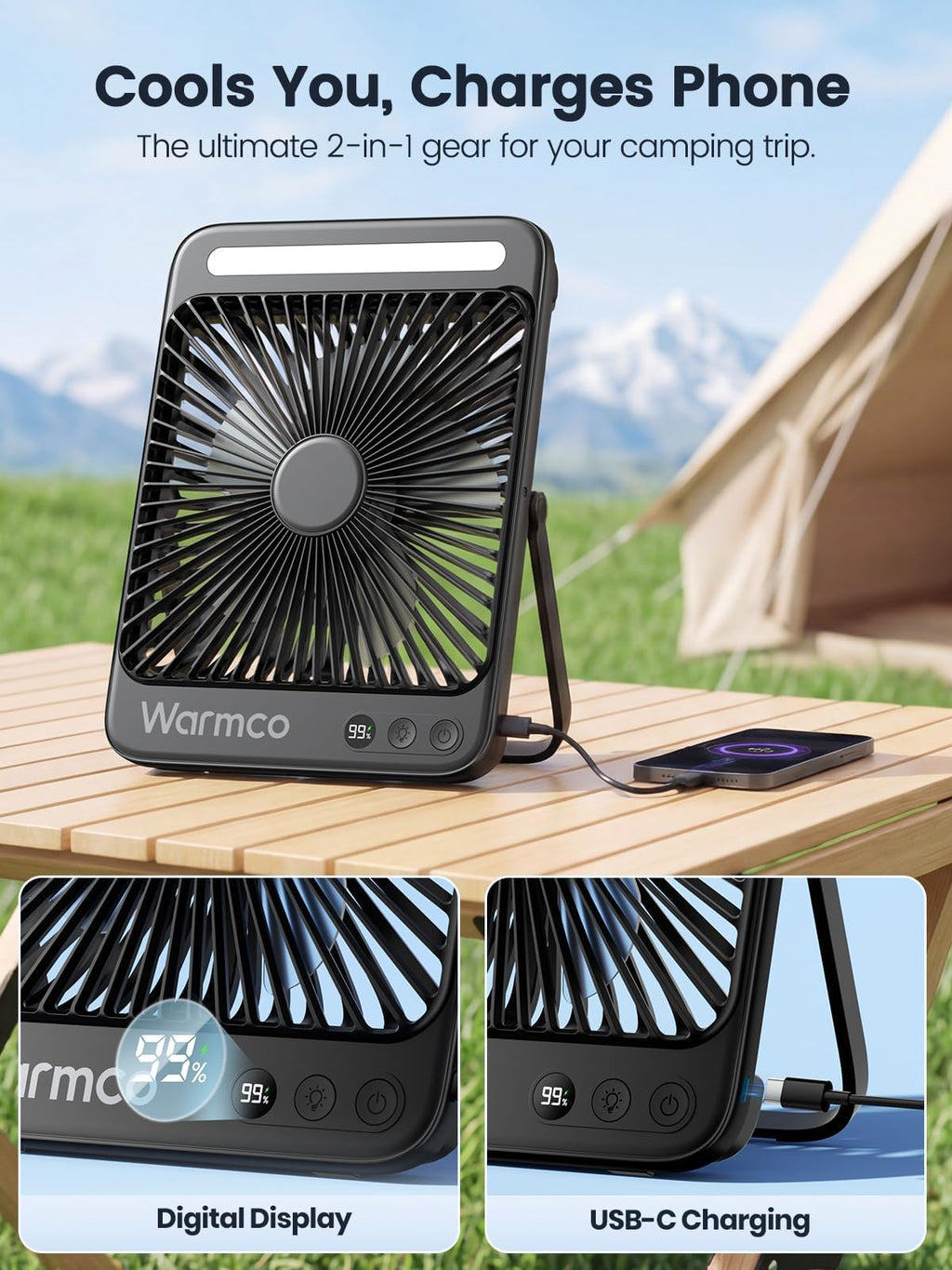 Warmco 20000mAh Battery Powered Fan, Ultra-Slim 8-Inch Portable Camping Fan with LED Lantern, Up to 48H Runtime Rechargeable Desk Fan for Bedroom, Outdoor, Tent, Travel, Cruise Ship Essentials