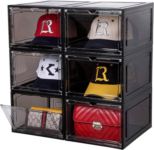 Attelite Hat Organizer - Stackable Baseball Cap Storage Box with Transparent Magnetic Door | Set of 6, Easy Assembly