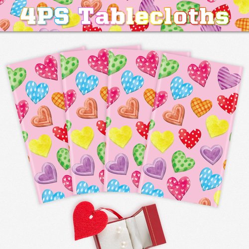 TJYJOY 4 Pack Valentines Decorations Wedding Day Tablecloth Love Heart Pink Table Cloth Pink Table Covers Wedding Anniversary Waterproof Tablecloth for Confession Valentines Day Supplies 51 x 86in