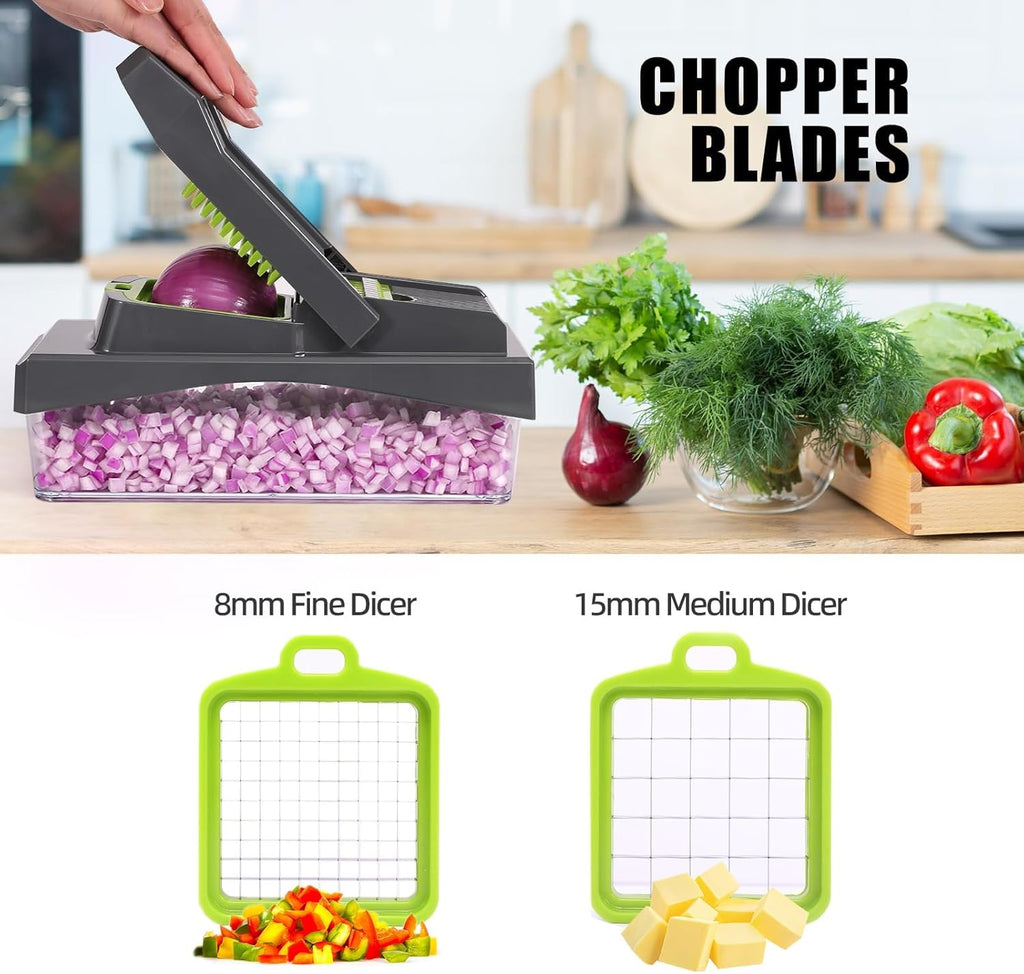 RüK 10-in-1 Vegetable Chopper - Versatile 6 Blade Food Dicer & Grater with Container | Gray Kitchen Essential