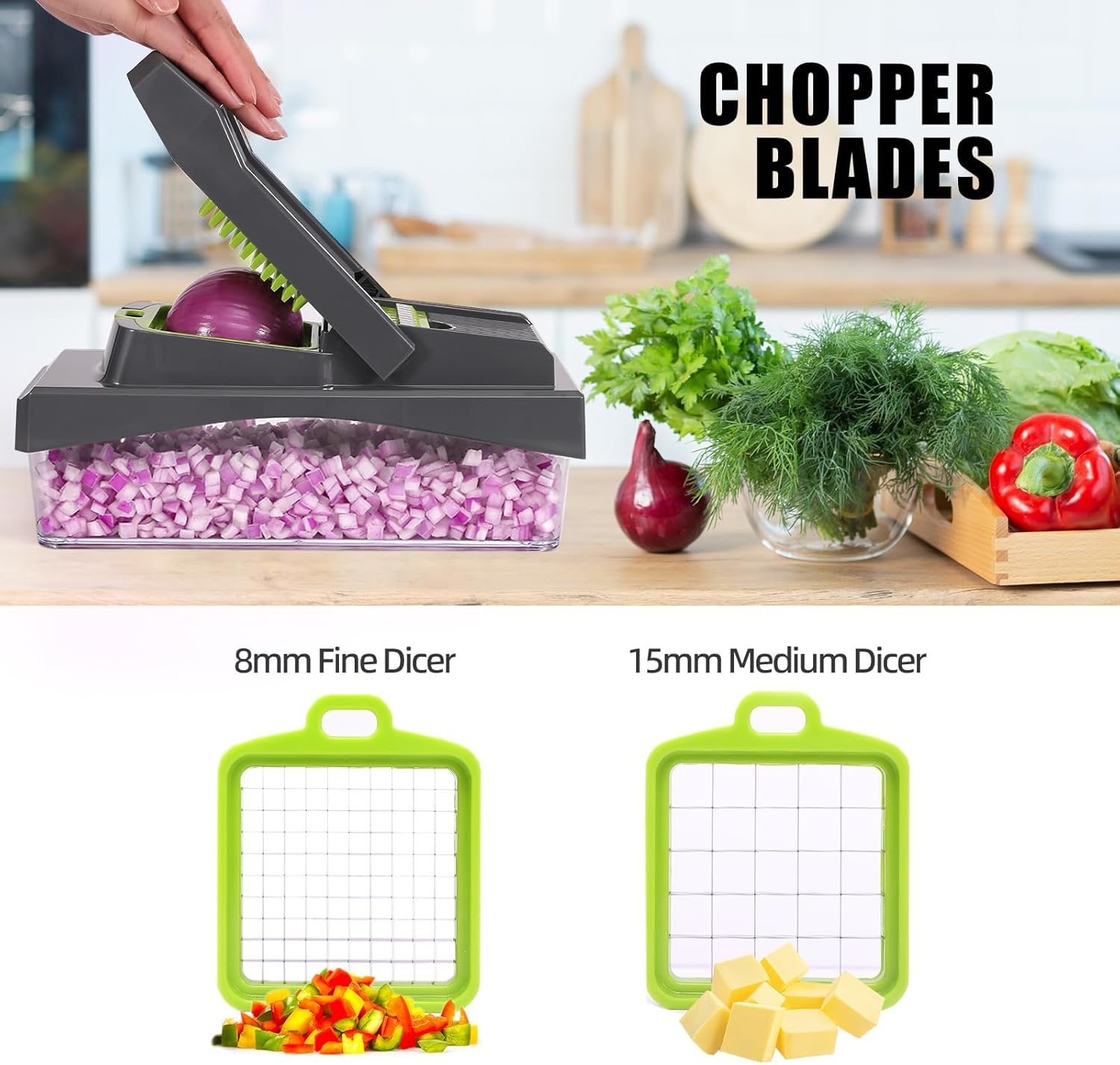 RüK 10-in-1 Vegetable Chopper - Versatile 6 Blade Food Dicer & Grater with Container | Gray Kitchen Essential