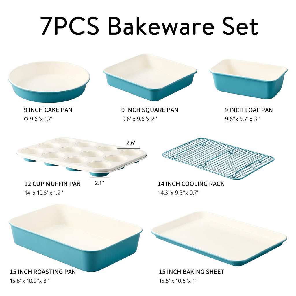 CAROTE 7-Piece Ceramic Baking Pans Set, Aluminized Steel Bakeware Sets, Toxin-Free Nonstick Stackable Oven Pans with Cookie Sheet, Muffin Pan, Loaf Pan, Roasting Pan, Cake Pans, Cooling Rack