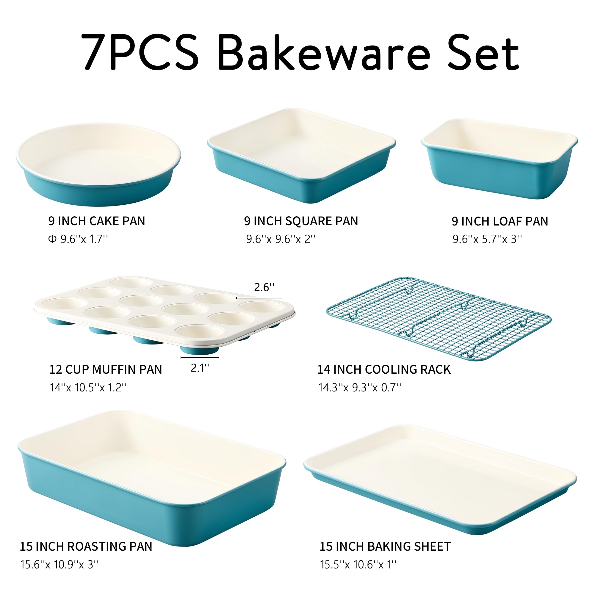 CAROTE 7-Piece Ceramic Baking Pans Set, Aluminized Steel Bakeware Sets, Toxin-Free Nonstick Stackable Oven Pans with Cookie Sheet, Muffin Pan, Loaf Pan, Roasting Pan, Cake Pans, Cooling Rack