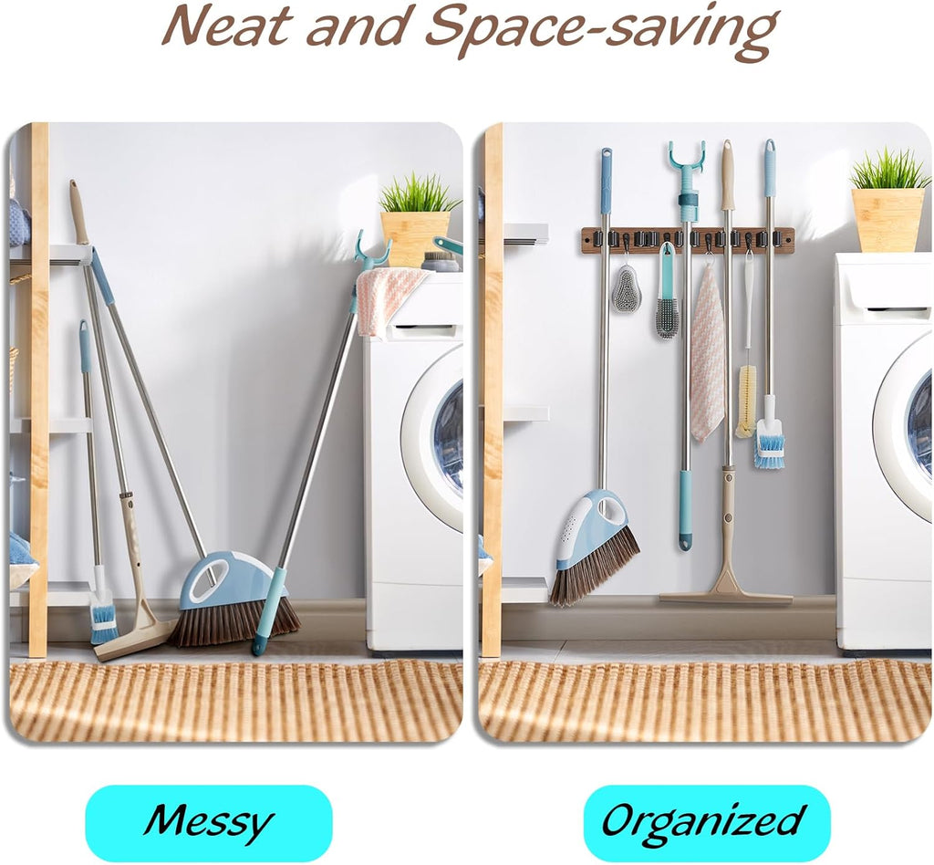 OUTNILI Mop and Broom Holder Wall Mount - Rustic Wood Organizer with 5 Slots & 4 Hooks for Garage, Closet, Laundry Room