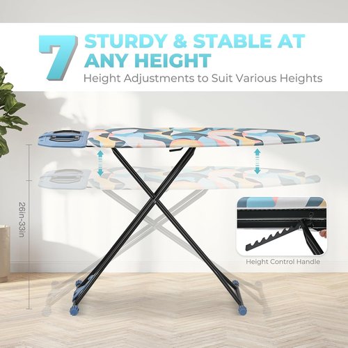 KINGBOARD Foldable Ironing Board - Heavy Duty Metal Panel with 7 Height Adjustments | Portable 45 x 15 Deep Blue