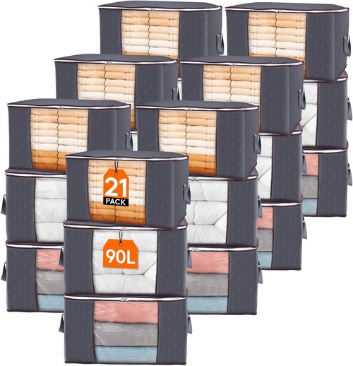 Lifewit 21-Pack 90L Clothes Storage Bins - Foldable Blanket Bags with Zippers & Clear Windows