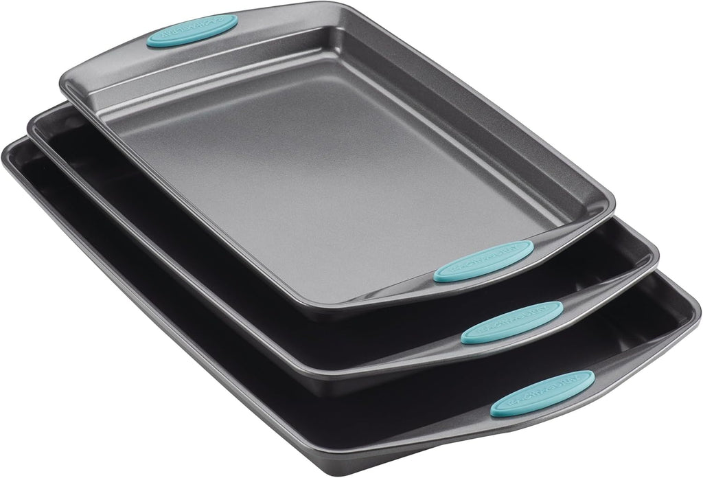 Rachael Ray Bakeware Nonstick Cookie Pan Set - 3-Piece Gray with Agave Blue Grips