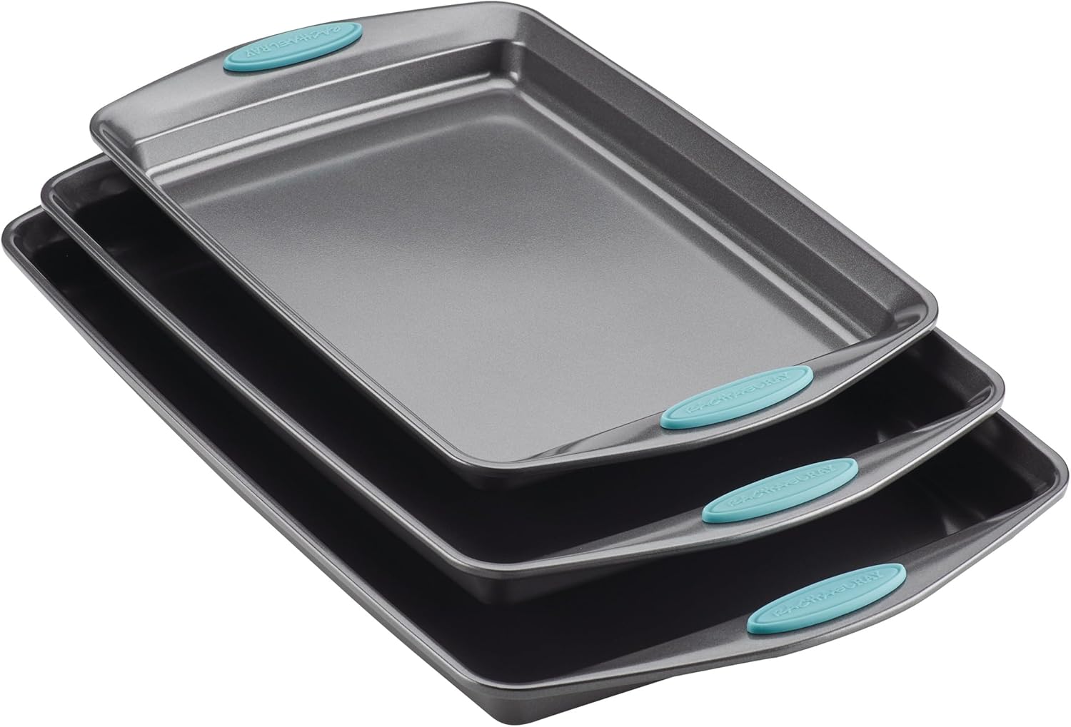 Rachael Ray Bakeware Nonstick Cookie Pan Set - 3-Piece Gray with Agave Blue Grips
