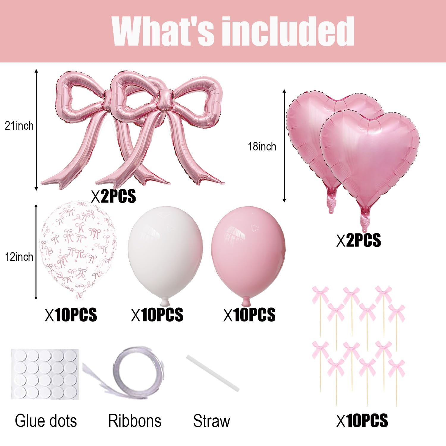 Pink Bow Birthday Party Decorations Kit with Bows Happy Birthday Balloon Banner, Pastel Pink Fringe Backdrop, Heart Balloons and Cake Toppers – Coquette Decor for Girls & Women