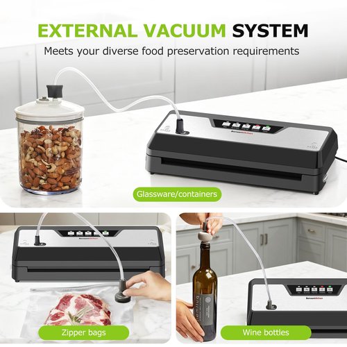 Bonsenkitchen Vacuum Sealer Machine, Built-in Cutter | Bag Storage, Multifunctional Food Sealer for Sous Vide & Meal Prep, 1 Roll Bag & 5 Pre-Cut Bags, Black-Stainless Steel