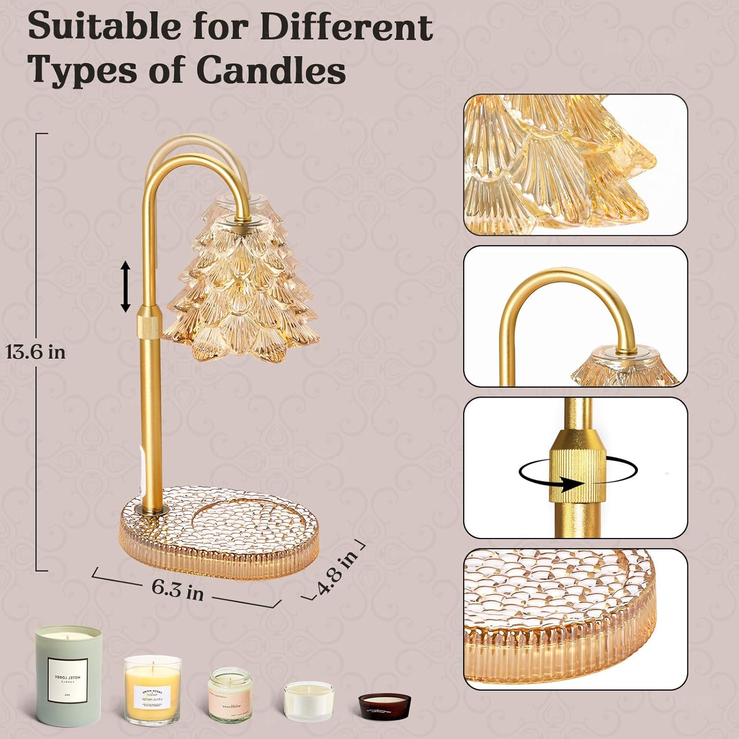 Priddop Candle Warmer Lamp - Dimmable Wax Melt Warmer with Adjustable Height & Timer | Amber Glass Base