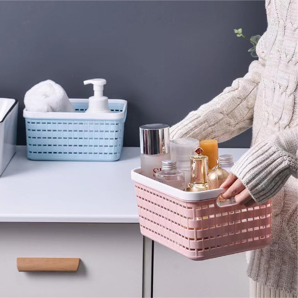 ANNIYA Plastic Storage Bin Baskets, Toilet Paper Basket for Bathroom, Plastic Organizer Shower Caddy with Handles for Living Room (Medium Pink 2 Pack)