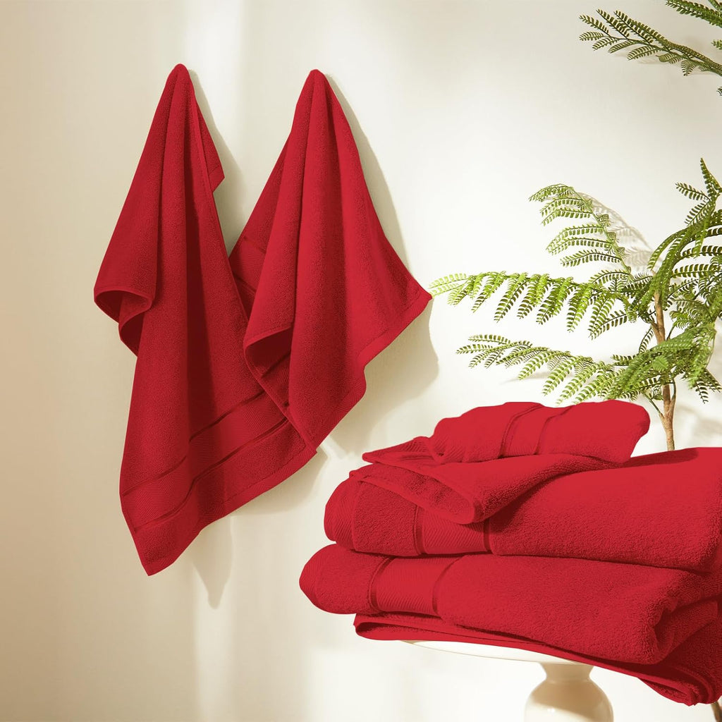 Marvione 6-Piece Bath Towels Set - 100% Turkish Cotton, Highly Absorbent & Soft | Red