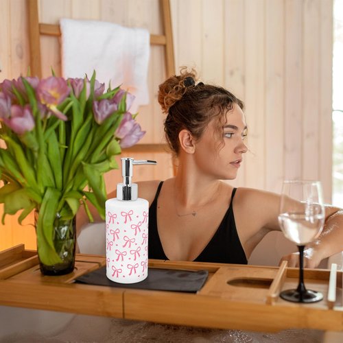 FYSUIMU Pink Bow Soap Dispenser Coquette Bow Knot Mini Heart Glass Soap Dispenser with Pump Refillable Liquid Soap Container for Bathroom Kitchen Countertop Decor