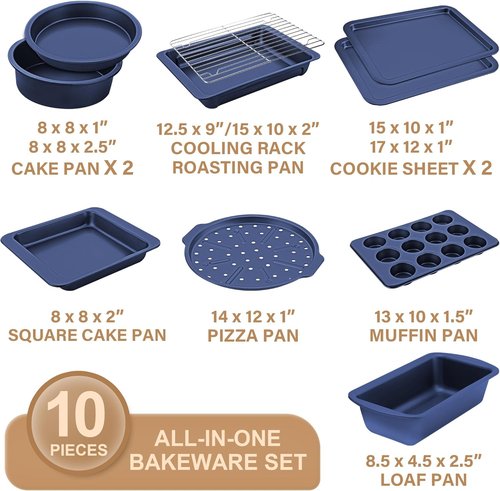 HONGBAKE Nonstick Bakeware Set - 10-Piece Kitchen Baking Pans with Wider Grips | Blue Color