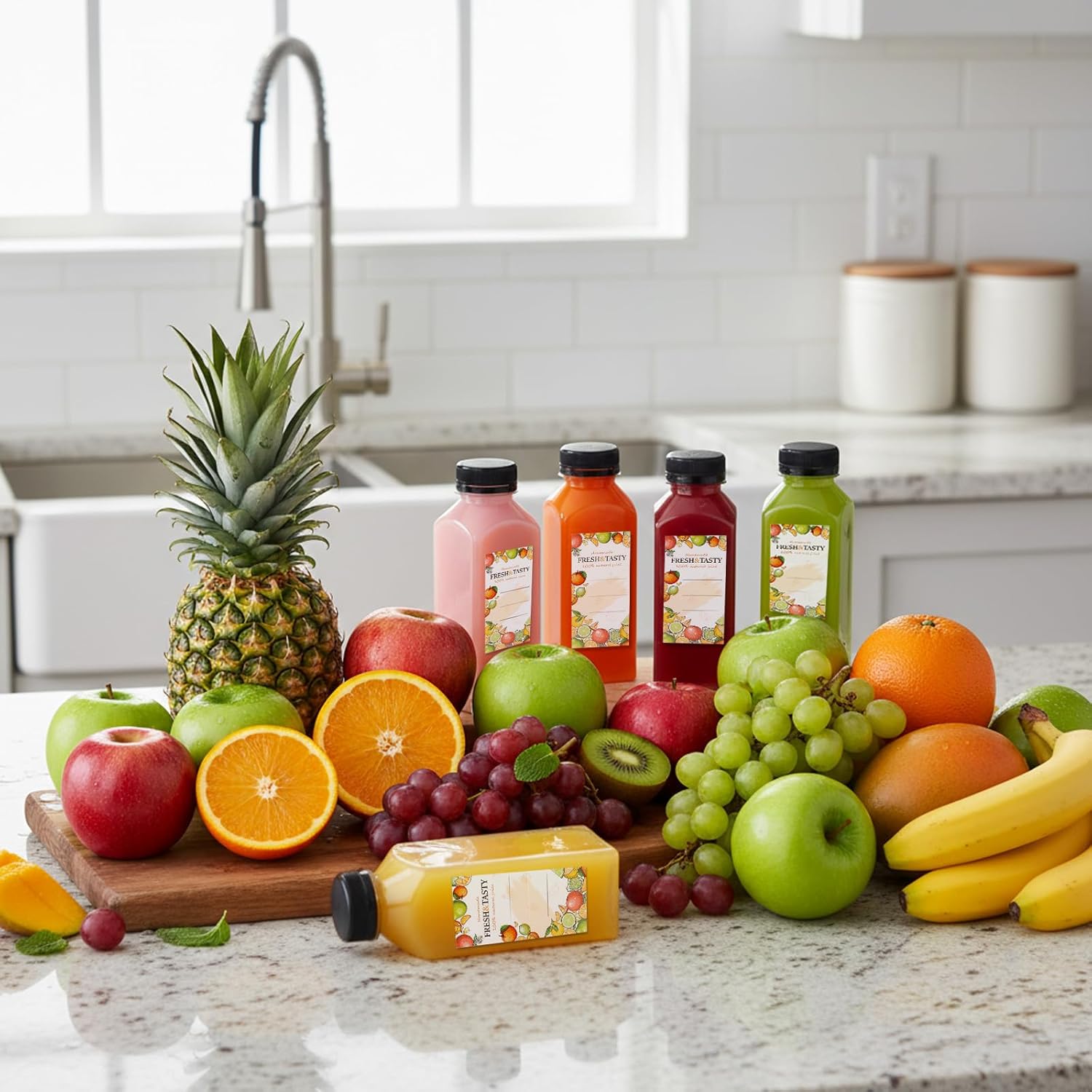 TOMNK 12oz Reusable Juice Bottles - 12pcs Plastic Containers with Caps, Labels & Accessories