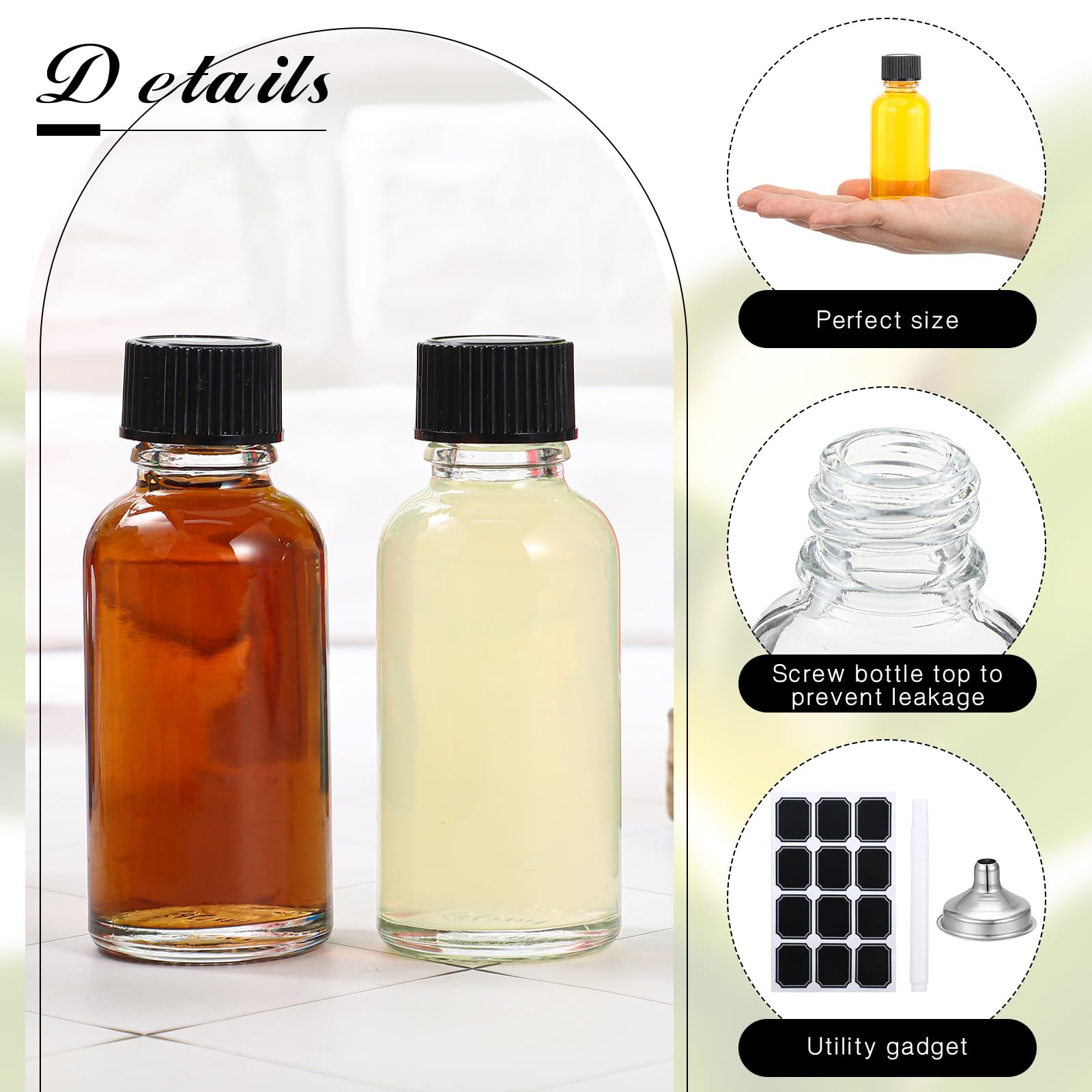 Hsei 1 oz Glass Bottle with Black Cap Clear Sample Boston Round Bottle Small Glass Containers with Lids and Funnel Chalk Labels Pen for Vanilla Extract Essential Oils(100 Pcs, 9 Sheet)