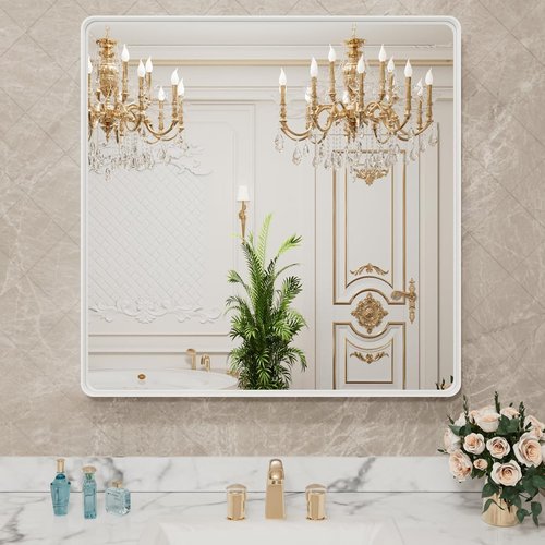 LOAAO 30x30 Inch White Metal Framed Bathroom Mirror - Large Rounded Rectangle, Anti-Rust, Versatile Hanging Options