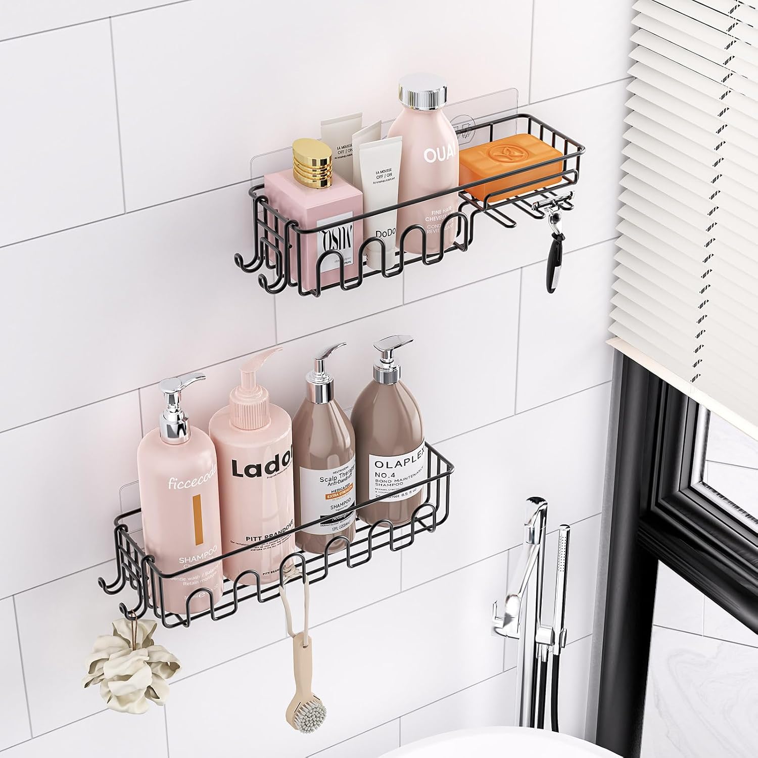 Saydear Adhesive Shower Caddy - Rustproof Metal Bathroom Storage Shelf with 2 Bonus Hooks | 4-Pack, Drill-Free Black