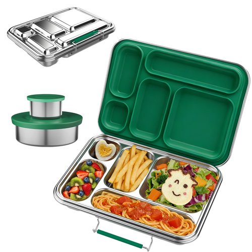 Qtyatvmoto Stainless Steel Bento Box for Adults, 31.6 oz Leakproof 5-Compartment Metal Lunch Box with 2 Containers, BPA-Free Food Container for Work Office Picnic, Dishwasher Safe Green