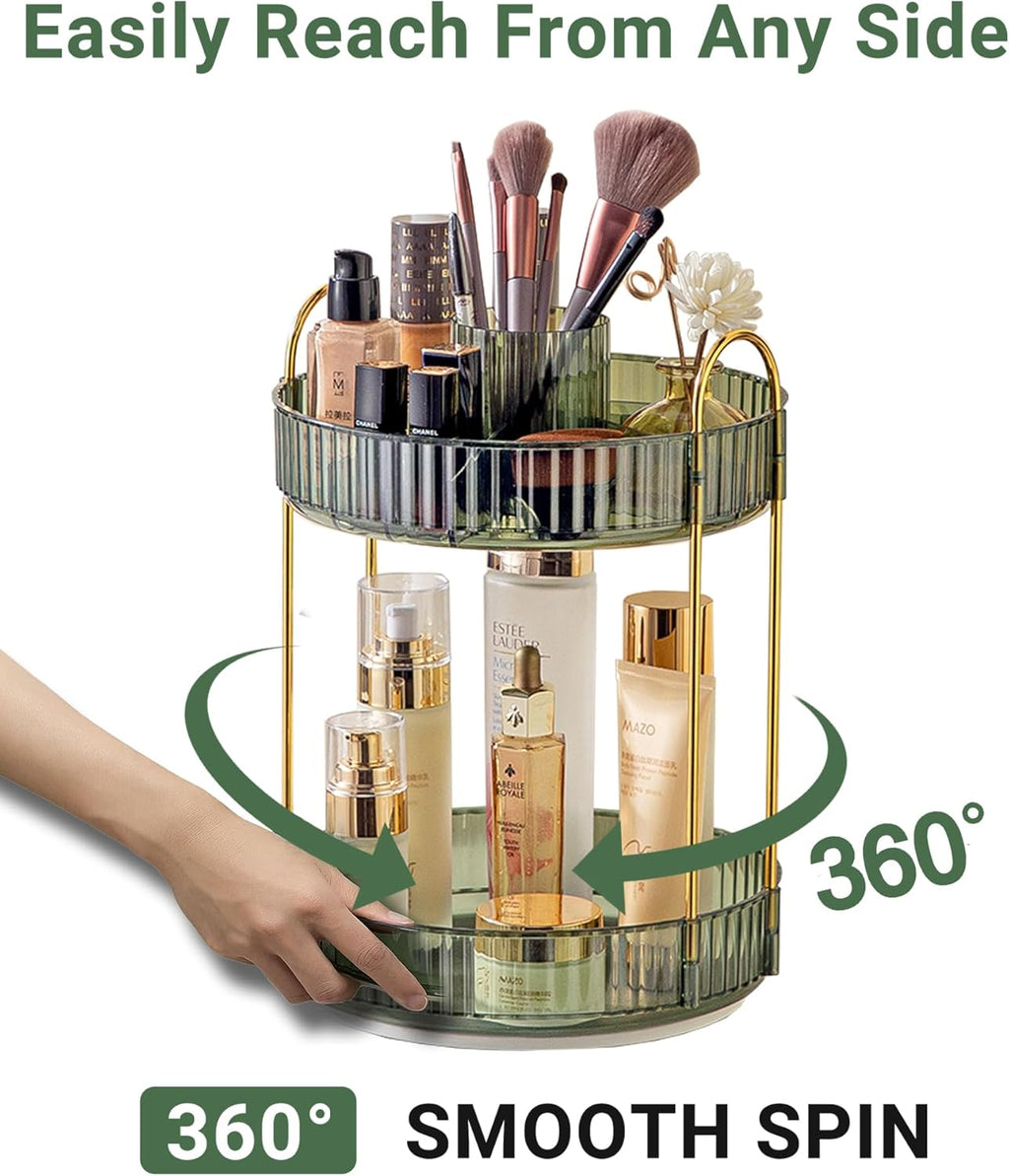 Asayuee 360° Rotating Makeup Organizer - 2-Tier Large Capacity for Skincare & Perfume | Green