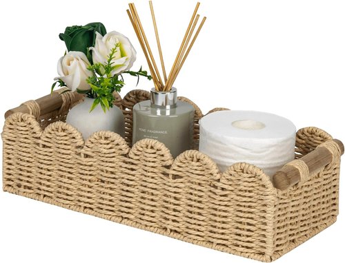 CubesLand Scalloped Edge Toilet Paper Storage Basket - Cozy Home Decor | Beige, Small Size with 2 Wooden Handles