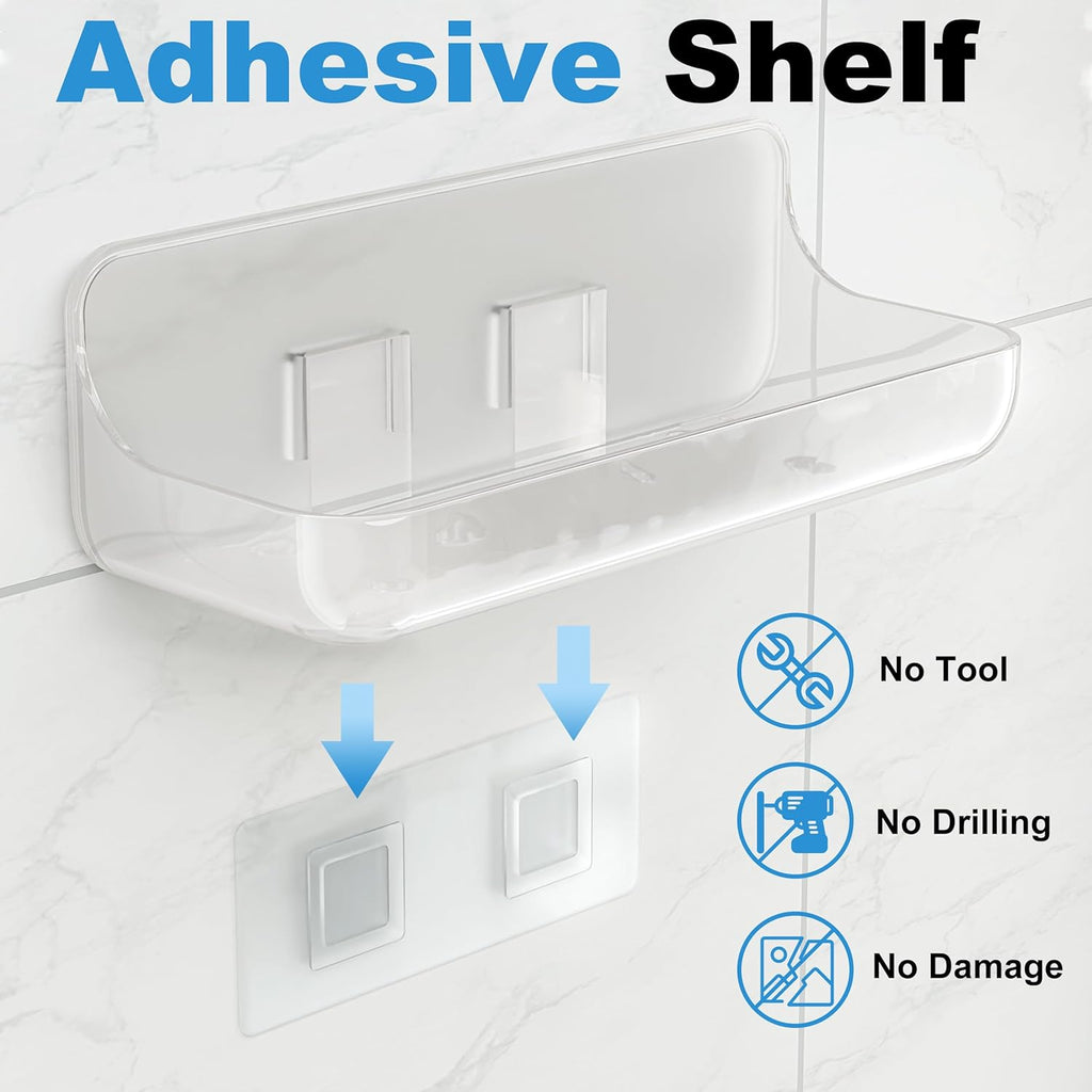 Skiennix Adhesive Shower Caddy - 2 Pack Acrylic Bathroom Shelves | No Drill Wall Mount Organizer
