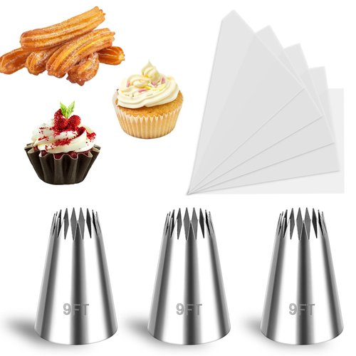 3Pcs Churro Piping Tip, Churro Bags and Tips Set, Stainless Steel 9FT Large Piping Tips, Open Star Pastry Tips for Cake Decorating with 20Pcs Disposable Piping Bags