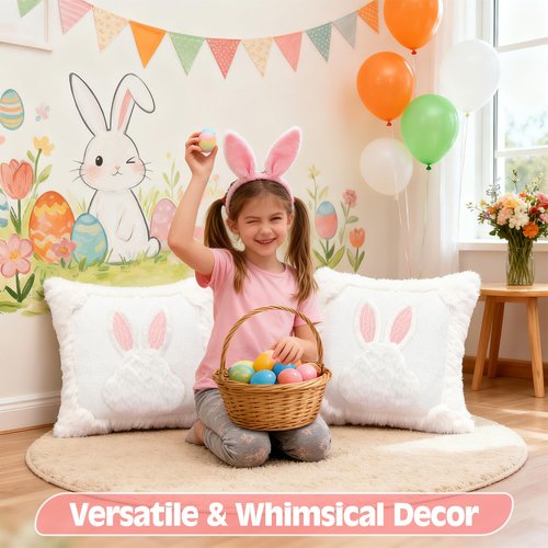 TIFFYONEK Easter Bunny Pillow Covers 18x18 Set of 2, Ultra-Soft Plush Faux Fur White Rabbit Throw Pillowcases with Pink Embroidered Ears for Spring Farmhouse Home Decor, Kids Room & Easter Gifts
