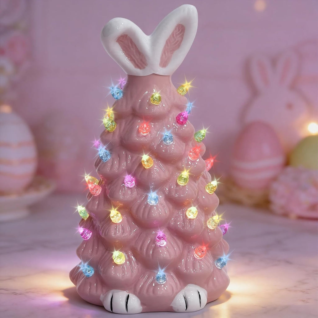 Skiennix Cute Ceramic Easter Bunny Tree Decor - Light Up Spring Tabletop Decoration for Kids (Pink)