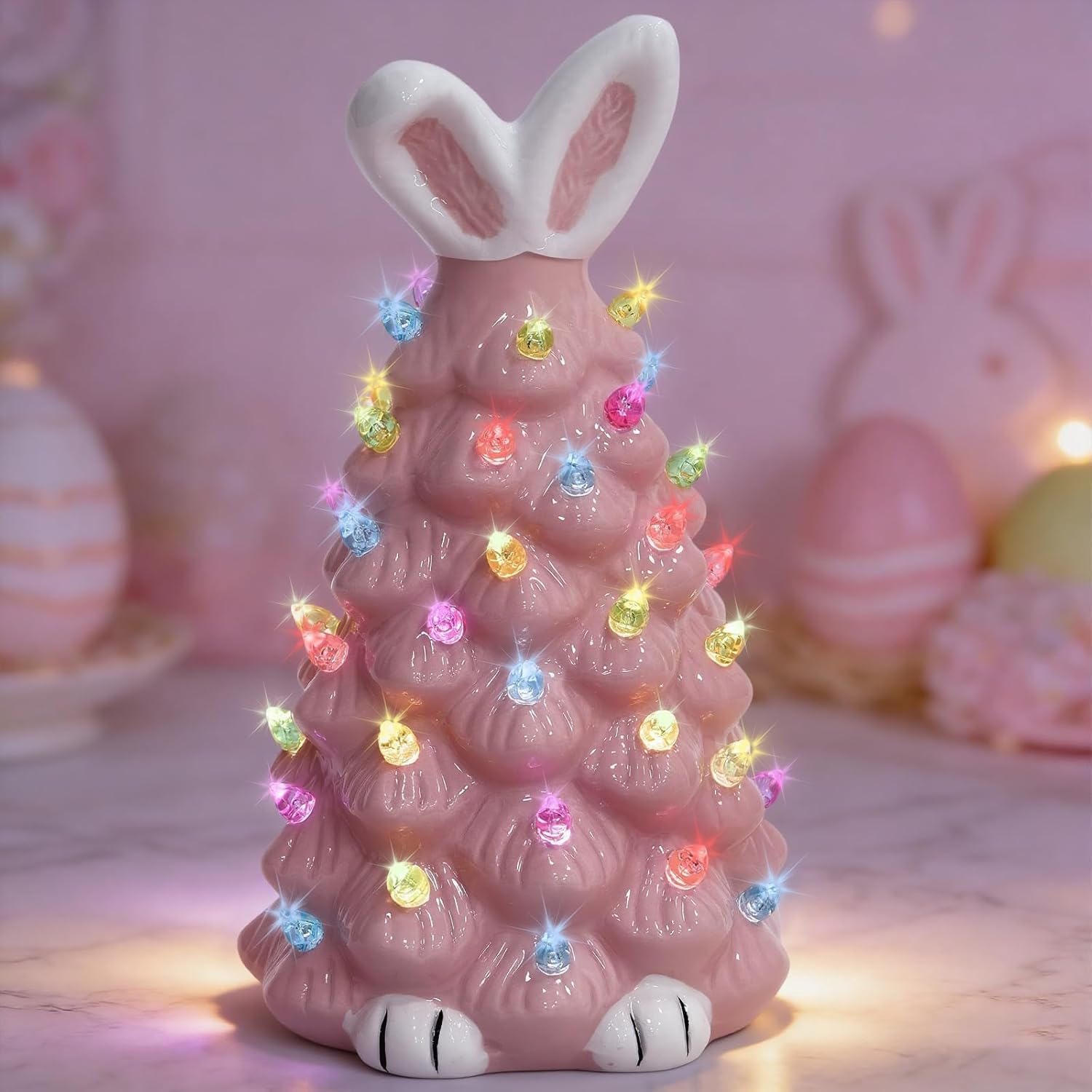 Skiennix Cute Ceramic Easter Bunny Tree Decor - Light Up Spring Tabletop Decoration for Kids (Pink)