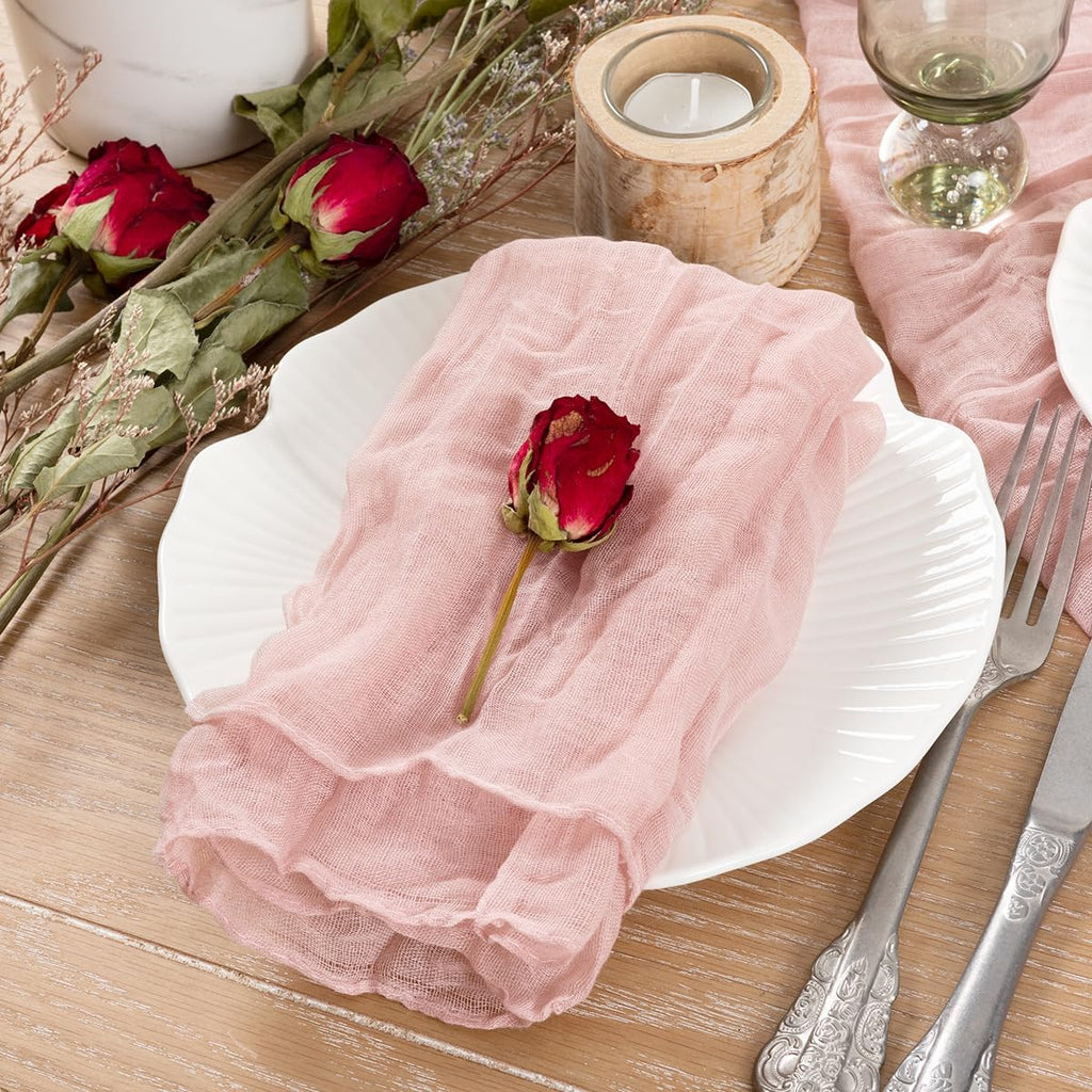 Socomi Pink Cheesecloth Napkins - Set of 10 Washable Boho Dinner Table Decor for Weddings & Parties